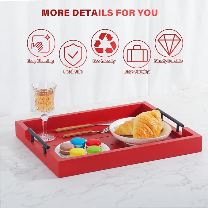 Coffee Table Decorative Serving Tray - 17x13 Inch Wood Tray with 4 Wooden Coasters - Ideal for Ottoman, Breakfast-Ruum Studio Home