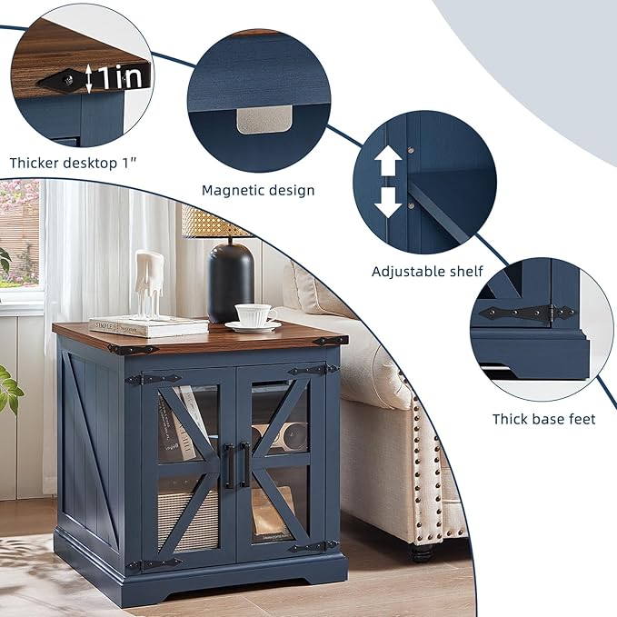 Farmhouse End Table Set of 2 with Charging Station, 24" Large Sofa Side Table with Glass Barn Door, Night Stand with Adjustable Shelf, Wood Nightstand, Square Bed Side Table for Living Room,Bedroom-Ruum Studio Home