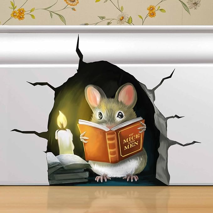 3D Mouse Reading Book in Mouse Hole, Decal Sticker, Removable Wall Decor, Book Lover Gift Idea, Baseboard, Wall Sticker Decal, Kids Room, Classroom, Library-Ruum Studio Home