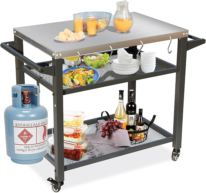 Domi 3-Shelf Outdoor Grill Table, Grill Cart with Wheels, Outdoor Pizza Oven and Food Prep Table, Blackstone with Stainless Steel Tabletop, BBQ Stand for Blackstone Griddle for Outside BBQ-Ruum Studio Home