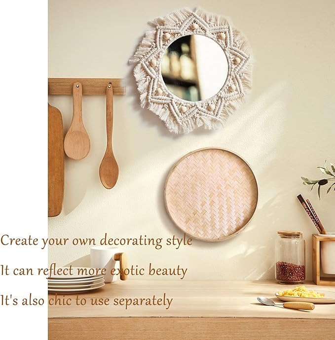 Boho Wall Basket Decor Set - Flat Woven Macrame Tapestry, Mirror White Round Tassels, Handmade Rattan Wicker Seagrass Wall Basket-Ruum Studio Home