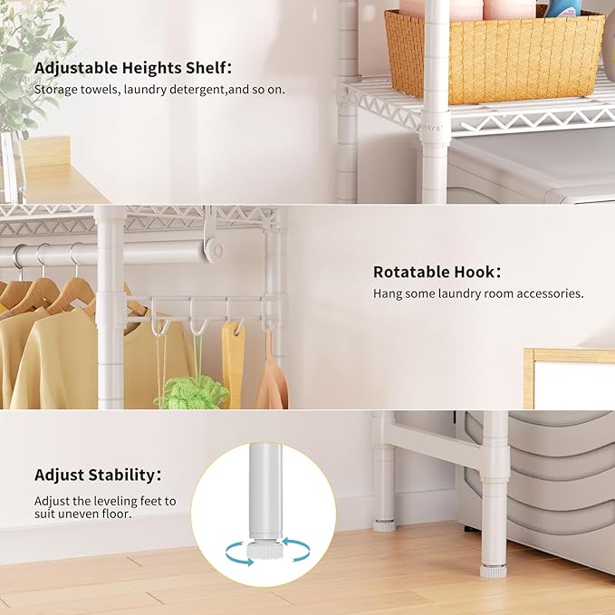 Over Washer and Dryer Shelves,2 Tier Adjustable Height Wire Shelving Laundry Room Storage Organization Clothes Drying Rack with Hanger Rod&Hooks,Space Saving Organizers Shelf,White-Ruum Studio Home