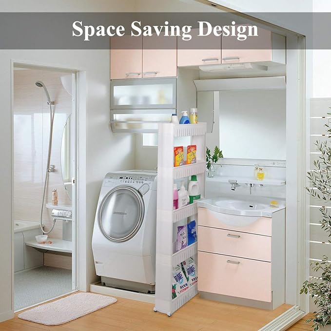 Laundry Room Organizer, Mobile Shelving Unit Organizer with 5 Large Storage Baskets, Gap Storage Slim Slide Out Pantry Storage Rack for Narrow Spaces-Ruum Studio Home