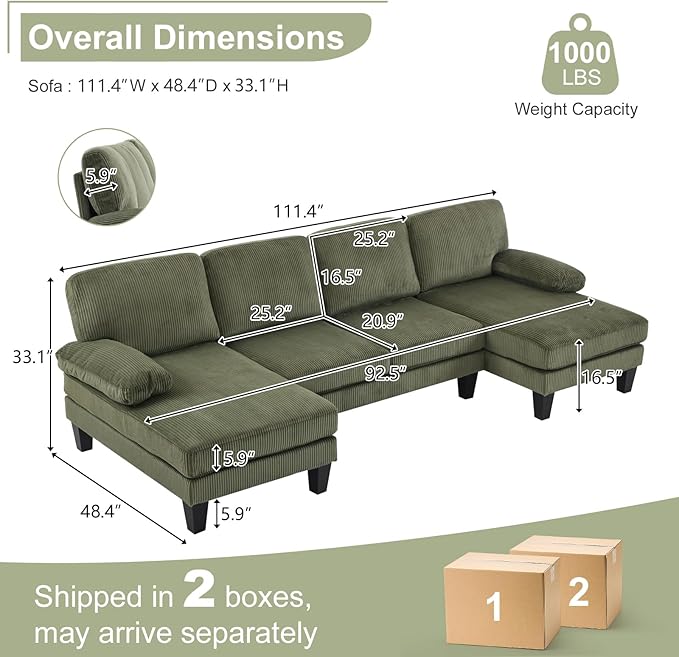 Karl home U-Shape Sectional Sofa Couch 111" Modern 4-Seat Sofa with Chaises Corduroy Fabric Upholstered Covertible Couch with Wood Grain Legs for Living Room, Reception Room, Apartment, Green-Ruum Studio Home