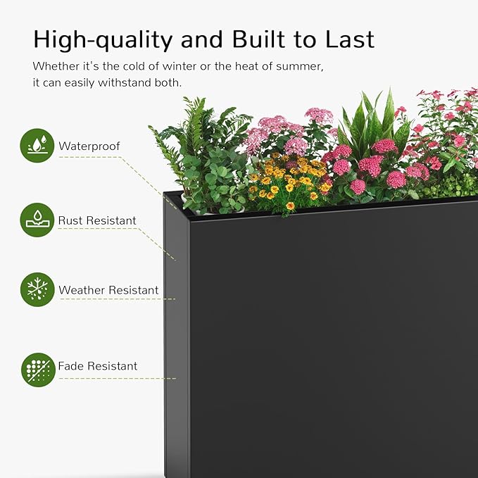 Stoog 38" Metal Tall Rectangular Planter - All-Weather Planter Box for Indoor/Outdoor Use, with Removable Insert Shelf, and Modern Design for Plants, Flowers, Garden, Black-Ruum Studio Home
