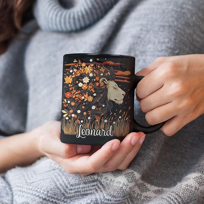 Personalized Lion Lover Cup with Vibrant Floral, Custom Name Coffee Mug 11oz or 15oz, Custom Nature Inspired Ceramic Cup, Artistic Lion Black Coffee Mug, Gifts for Women, Men-Ruum Studio Home