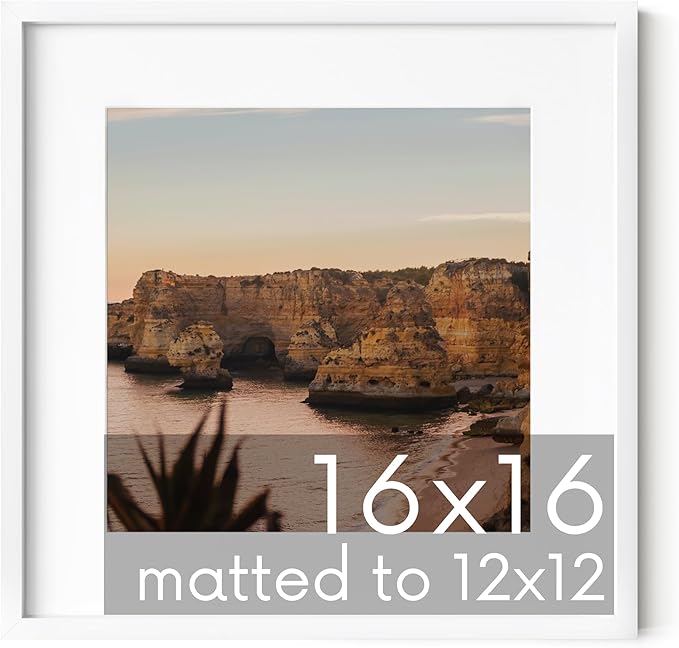 HAUS AND HUES 16x16 White Metal Picture Frame Matted to 12x12 - Features Premium Aluminum & Hanging Hardware, Shatterproof Plexiglass - Ideal for Home, Room, Office (16x16 in, White, Set of 1)-Ruum Studio Home