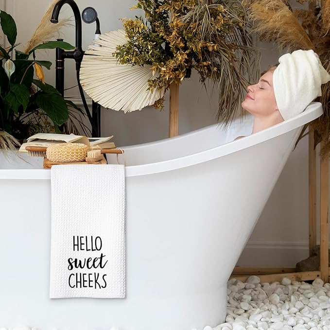 Hello Sweet Cheeks Hand Towel, Waffle Weave Microfiber Bathroom Towel, Funny Rustic Farmhouse Decor, Cute Guest Bathroom Accent-Ruum Studio Home