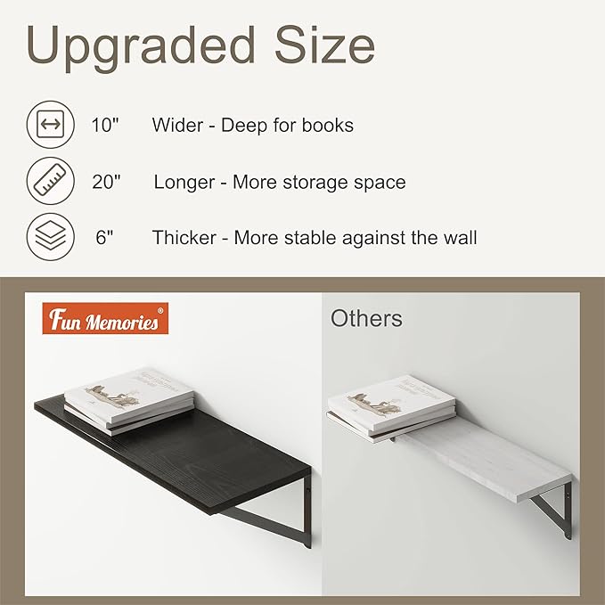 Fun Memories 20 Inch Floating Shelves for Wall, Black Bathroom Shelves Set of 2, 10 Inch Deep Wall Shelf for Bedroom, Kitchen, Large Home Decor Shelves Farmhouse Storage Shelf-Ruum Studio Home