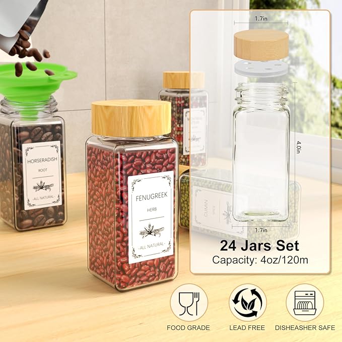 24 Spice Jars with Spice Drawer Organizer, 355 Spice Labels, 4 Pack Expandable From 11'' to 21'' Acrylic Spice Rack for Drawer, Seasoning Containers Storage Organization for Kitchen Cabinet Countertop-Ruum Studio Home