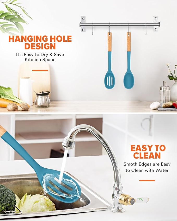 Silicone Cooking Spoons, Great for Scooping Sides and Serving Hearty Stews, BPA-Free Matte Silicone, Wooden Handle Serving Spoon for Nonstick Cooking Surfaces (Blue)-Ruum Studio Home