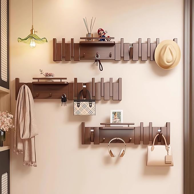 Wall Mounted Piano Key Hanger | Flip Style Hook | Entrance Wall Art Hook, Made of Oak Wood (3 Times Painted, 4 Times Polished) (Fence Beech, 12Hooks)-Ruum Studio Home