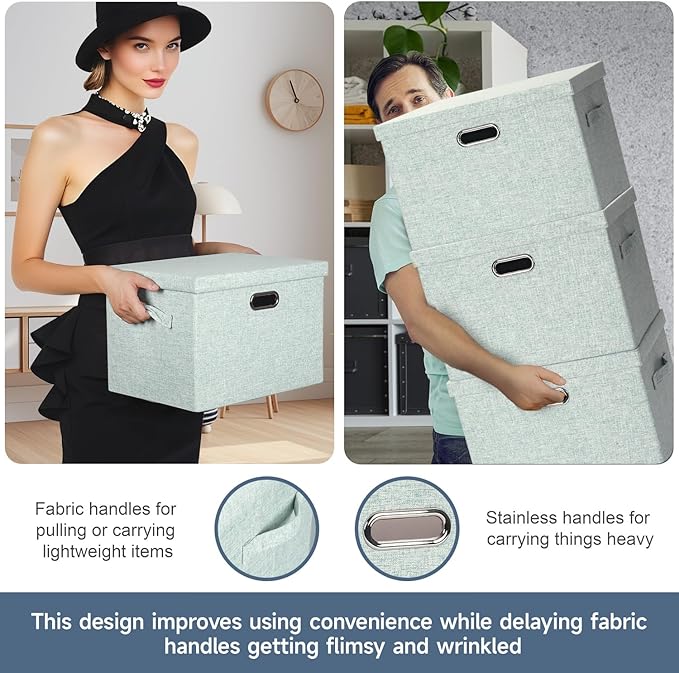 Large 17" 36 Quart Collapsible Stackable Storage Bins with Lids, 3 Packs Light Green Linen Fabric Closet Boxes with Lids, Storage Cube Baskets Container Organizers for Office (17x12x11)-Ruum Studio Home