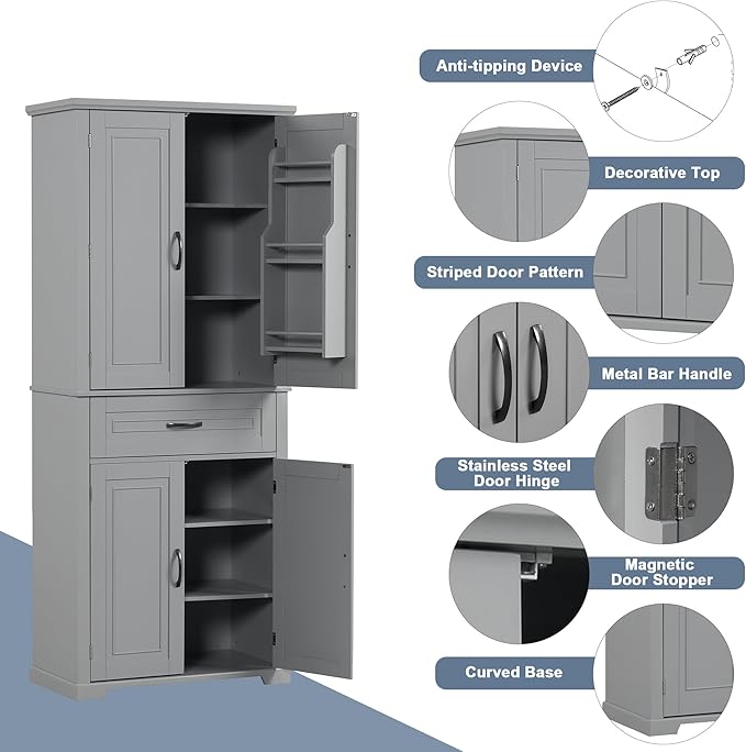 72.2" Tall Storage Cabinet with 4 Doors and Drawer, Freestanding Linen Cabinet, Wooden Pantry with Adjustable Shelf for Kitchen, Bathroom, Living Room, Grey-Ruum Studio Home