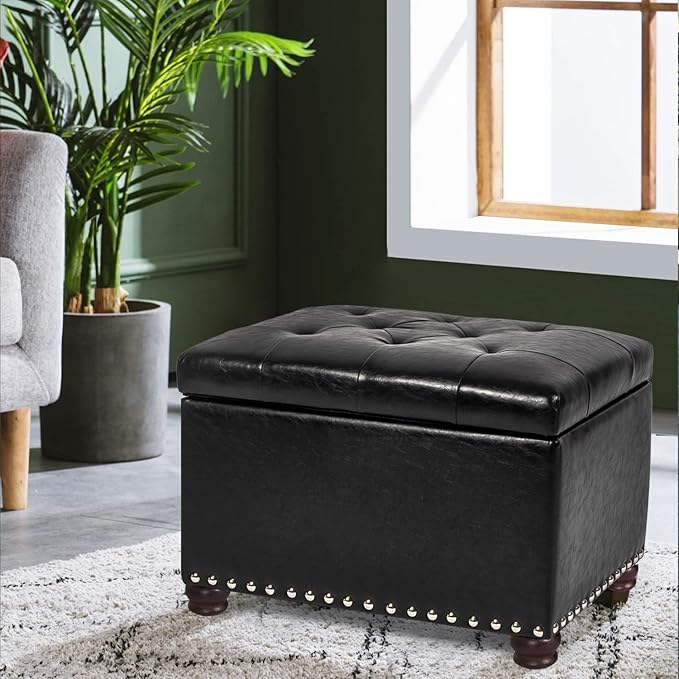 Joveco Leather Storage Ottoman, 24" Rectangle Tufted Foot Rest Stool, for Living Room Bedroom, Midnight Black-Ruum Studio Home
