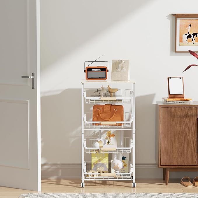 5-Layer Fruit Basket Kitchen Food Storage Organizer and Storage Rack, Stackable Storage cart with Desktop, Pull-Out Hollow Metal Storage Basket, Wheeled Sorting Rack Spice Rack-Ruum Studio Home