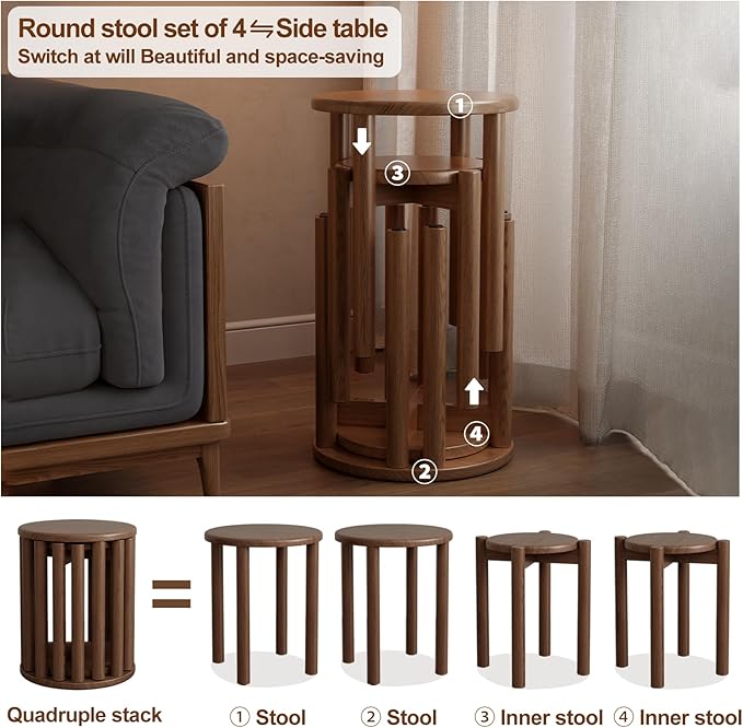 Stackable Stools Set of 4, Wooden Stools 18 Inch Stool Nesting Side Tables Nesting Coffee Table Sturdy and Durable, No Installation Required,Top Stackable Round Stool for Saving space(Walnut Barstool)-Ruum Studio Home