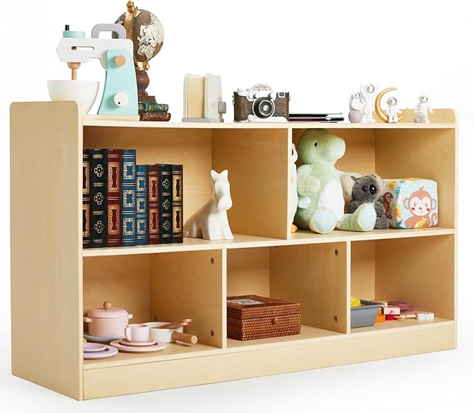 Montessori Shelf, Wooden Toy Storage Organizer for Books Toys, 2 Shelf Bookcase, 5-Section Storage Cabinet, Toddler Book Shelf for Kids Rooms, Playroom, Nursery, Kindergarten (Natural)-Ruum Studio Home