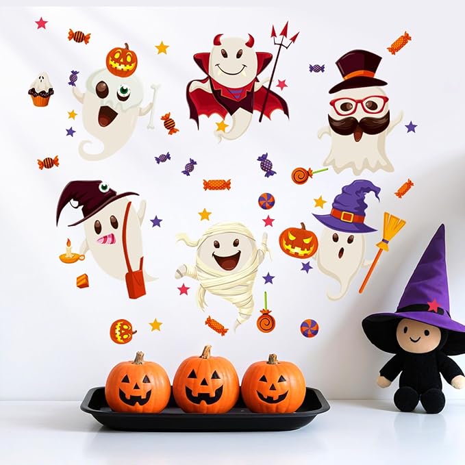 6 Sheet Halloween Stickers Clings Cute Ghost Decals Decor for Kids, Vintage Ghost Evil Pumpkin Reusable Window Stickers for Halloween Party Supplies Home Glass Decorations-Ruum Studio Home