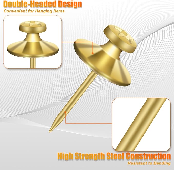 KURUI 60-Pack Metal Push Pins for Wall Hanging Decor, Renter Friendly Hooks for Bedroom Office Gallery Dorm Home, Double Headed Thumb Tacks for Tapestry/Canvas/ Picture Frame/Art, Gold Picture Hangers-Ruum Studio Home