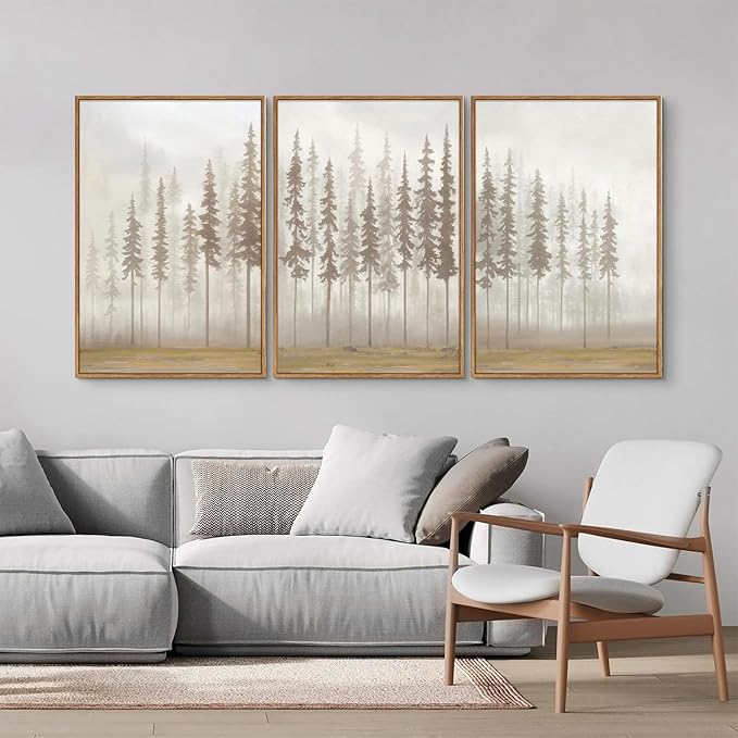 SIGNINART Large Pine Tree Framed Canvas Wall Art Set, Foggy Forest Landscape Wall Decor, Modern Beige Nature Artwork, Misty Forest Wall Painting for Living Room, Bedroom,Office 16 x24 x3-Ruum Studio Home