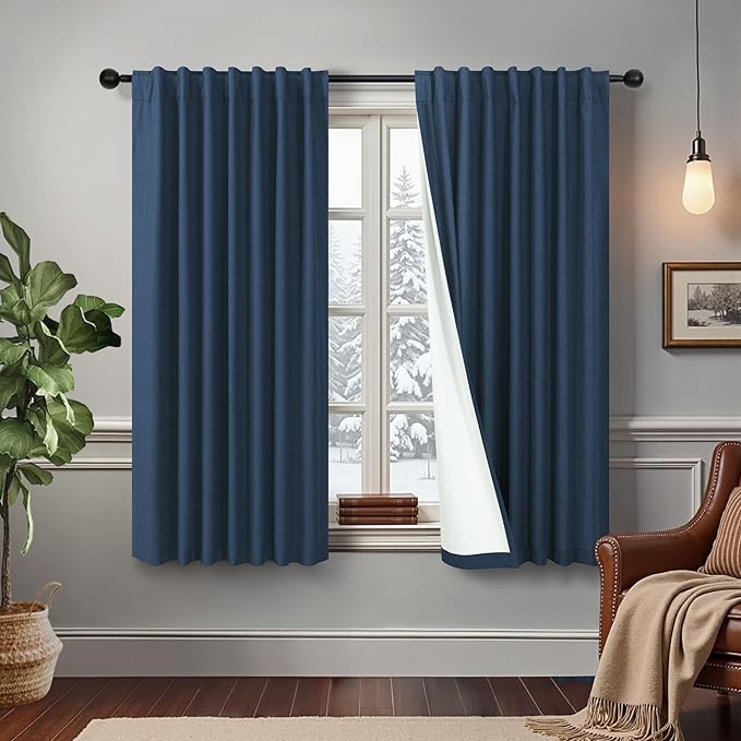 54 Inch Length Curtains for Bedroom Men Room Decor Darkening Back Tab Pleated Blackout Linen Insulated Curtain for Living Room Bathroom Wide Dark Navy Midnight Blue Drapes for Teen Boy 54 Long 2 Panel-Ruum Studio Home
