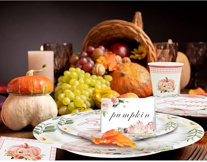 Aukolass Pumpkin Party Supplies Tableware Set - Fall Theme Party Decorations Including Plates, Napkins and Cups for Pumpkin Birthday and Baby Shower Party, Serves 24 Guests (pink)-Ruum Studio Home