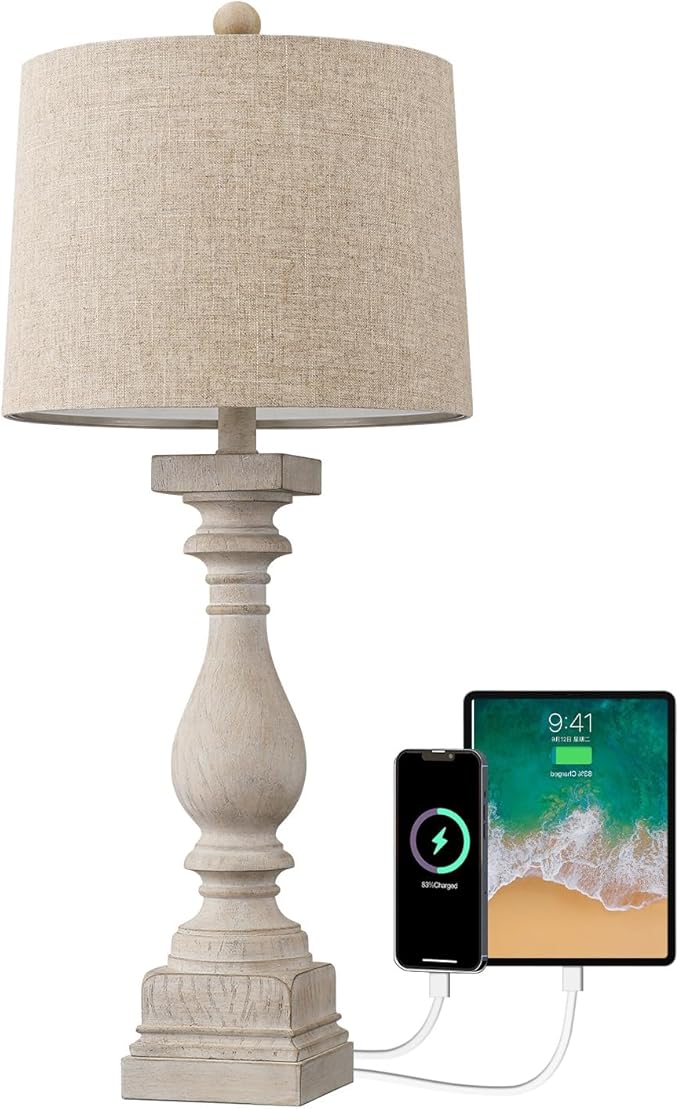 BOBOMOMO Retro 27" USB Charging Ports A/C Wash-White Farmhouse Lamps for Bedrooms Side Table Lamps Bedside Lamp for Nightstand Living Room 1 Pack-Ruum Studio Home