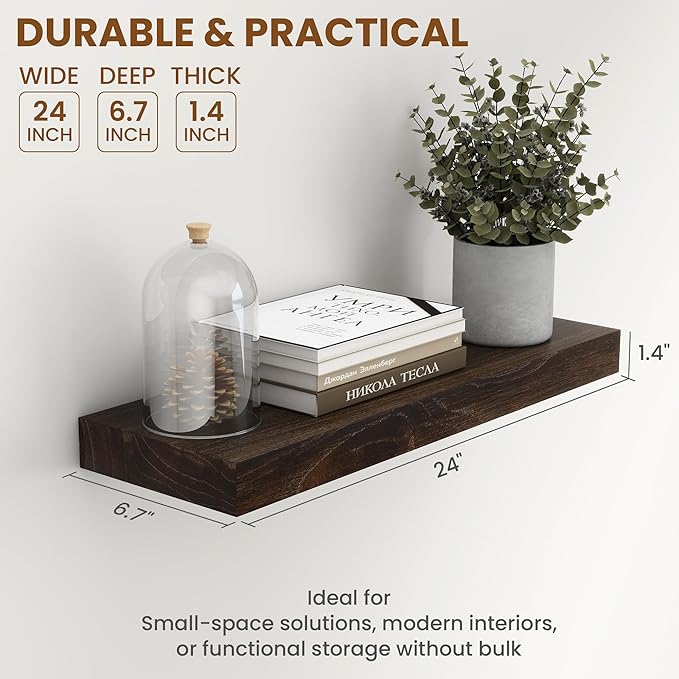 Wood Floating Shelves for Wall, 24" Floating Shelves Wall Mounted, Rustic Old Elm Wood Shelves for Home Decor, Heavy-Duty Storage Shelves for Books, Bathroom, Kitchen, Walnut Color, Set of 2-Ruum Studio Home