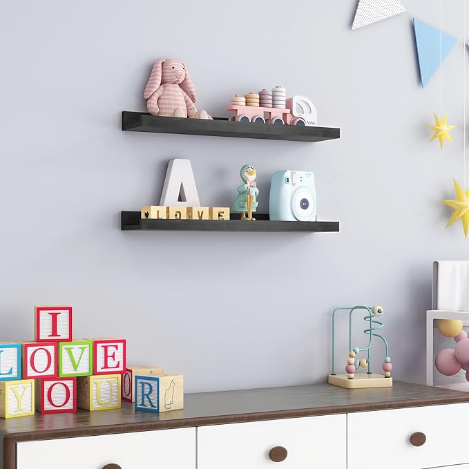 Picture Ledge Shelf for Wall, 24 inch Solid Pine Wood Nursery Book Shelves 2 Packs, Floating Ledge Shelves for Kids' Room Bedroom Bathroom Living Room Photo Frames Office Nursey Wall Decor, Black-Ruum Studio Home