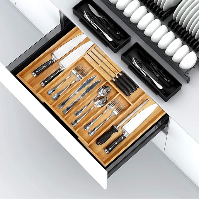 VaeFae Bamboo Silverware Drawer Organizer Kitchen, Expandable Utensil Organizer with Knife Block, Cutlery Tray with Divider, Multifunctional Wooden Drawer Organizer-Ruum Studio Home