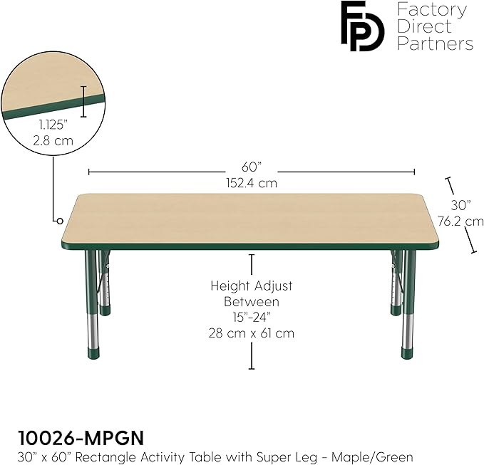 Factory Direct Partners FDP Rectangle Activity School and Classroom Kids Table (30 x 60 inch), Toddler Legs, Adjustable Height 15-24 inches - Maple Top and Green Edge-Ruum Studio Home