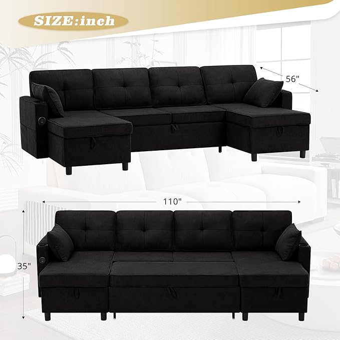 110 Inches Chenille Sectional Sofa w/Pull Out Sofa Bed & Adjustable Back, Tufted U Shaped Couch w/Two Storage Chaises, Sleeper Sectional Sofa w/USB Port & Cup Holders for Living Room, Black-Ruum Studio Home