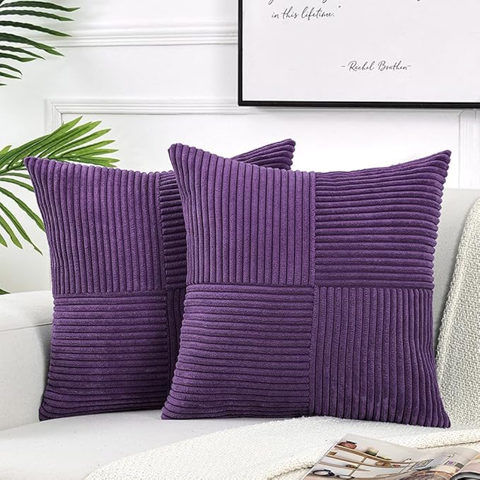 Fancy Homi 2 Packs Purple Decorative Throw Pillow Covers 18x18 Inch for Living Room Couch Bed, Boho Farmhouse Home Decor, Soft Corss Corduroy Patchwork Textured Square Cushion Case 45x45 cm-Ruum Studio Home