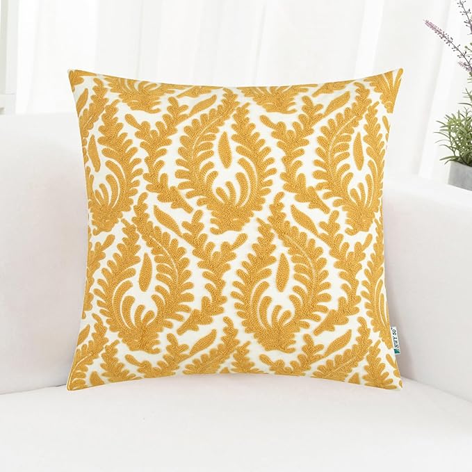 HWY 50 Mustard Yellow Decorative Throw Pillow Covers 18x18 Inch (1 Piece), Embroidered Cotton Farmhouse Cushion Cover Pillow Case for Sofa Couch Living Room Bed Bedroon, Floral Branches-Ruum Studio Home