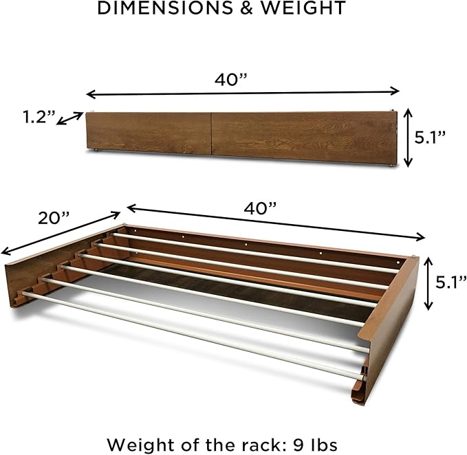 Step Up Laundry Drying Rack (40-INCH Wide - Wood-Look), Wall Mounted, Retractable Clothes Drying Rack, 60lbs Capacity, 20 Linear Ft, with Wall Template and Long Screwdriver Bit-Ruum Studio Home