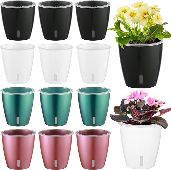 Self Watering Pots for Indoor Plants, 12-Pack 5'' Self Watering Planter with Drainage Holes, Small African Violet Pots with Water Indicator, Clear Wick Pot, White/Black/Blue/Rose Gold-Ruum Studio Home