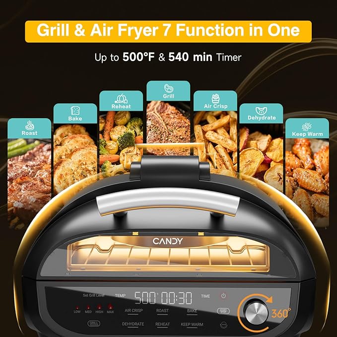 Indoor Grill and Air Fryer Combo with Ceramic Accessories, 7-IN-1 Digital Display, 5.2 QT Electric Smokeless, 500°F Max, Large View Window, Roast, Bake & Dehydrate, Adjustable Temps, Easy Clean-Ruum Studio Home