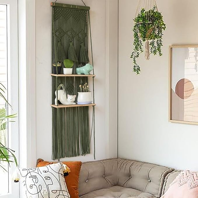 Hanging Shelf Macrame Wall Hanging Green Boho Shelfs with Tassels 2 Tier Floating for Plants Bedroom Dorm Living Room Wall Decor Rustic Wooden Organizer(Wood)-Ruum Studio Home