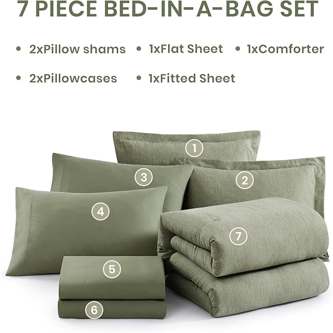 Monbix Queen Comforter Set - 7 Pieces Cationic Dyeing Sage Green Bed in a Bag Queen Bedding Sets with Comforter, Sheets, Pillowcases & Shams, Reversible Bedding Comforters Sets-Ruum Studio Home
