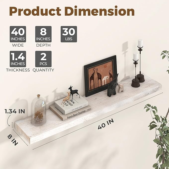 Axeman Floating Shelves for Wall - 40''W x 8'' D Rustic Solid Elm Wood Shelves for Storage, Wall Mounted Display Shelving with Invisible Heavy-Duty Metal Bracket (White Wash, 2PCs)-Ruum Studio Home