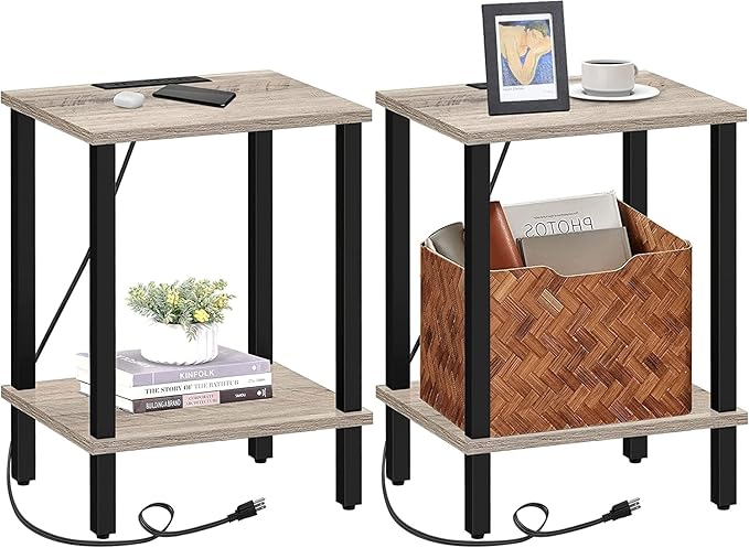 TUTOTAK End Table with Charging Station, Set of 2, Small Side Table, Nightstand Bedside Table, 2-Tier Storage Shelf for Small Space, Living Room, Bedroom Greige V1TB01BG041-Ruum Studio Home
