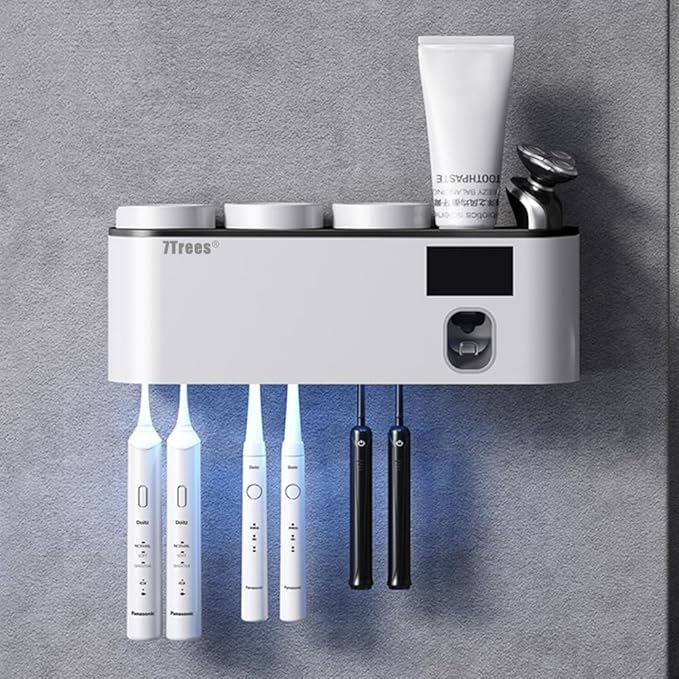 Toothbrush Cleaning Holder, Self Adhesive Toothbrush Holder with 3 Cups, Automatic Toothpaste Squeezer Dispenser Bathroom Accessories Set (White)-Ruum Studio Home