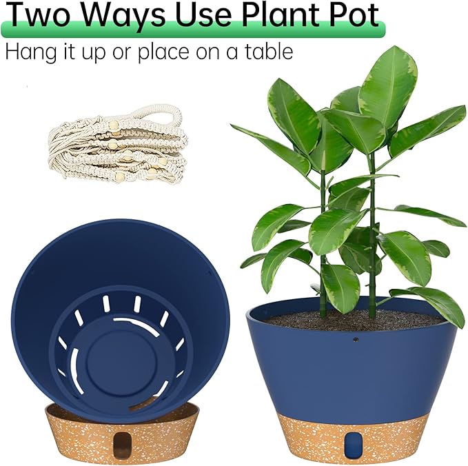 ZMTECH 2 Pack 10 Inch Blue Hanging Planters with Macrame Plant Hanger for Indoor and Outdoor Plants, Self Watering, Drainage Hole, Visible Level Tray-Ruum Studio Home