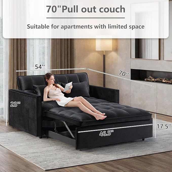 3 in 1 Convertible Sleeper Sofa Bed,Futon Loveseat Couch with Pull-Out Bed & Adjustable Backrest,Velvet Fabric Sofa with Side Pocket for Small Apartment, Living Room, Office (Black)-Ruum Studio Home