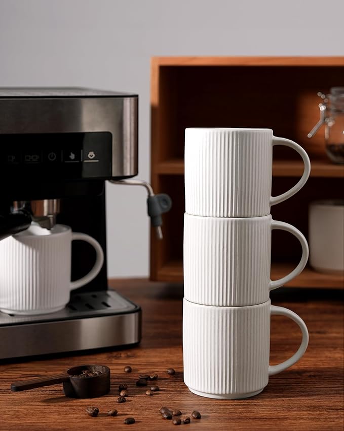 famiware Coffee Mug Set for 6, Star 12 oz Catering Mugs Cup Set with Handle for Coffee, Tea, Cocoa, Milk - Ceramic Stoneware Drinkware Set, Matte White-Ruum Studio Home