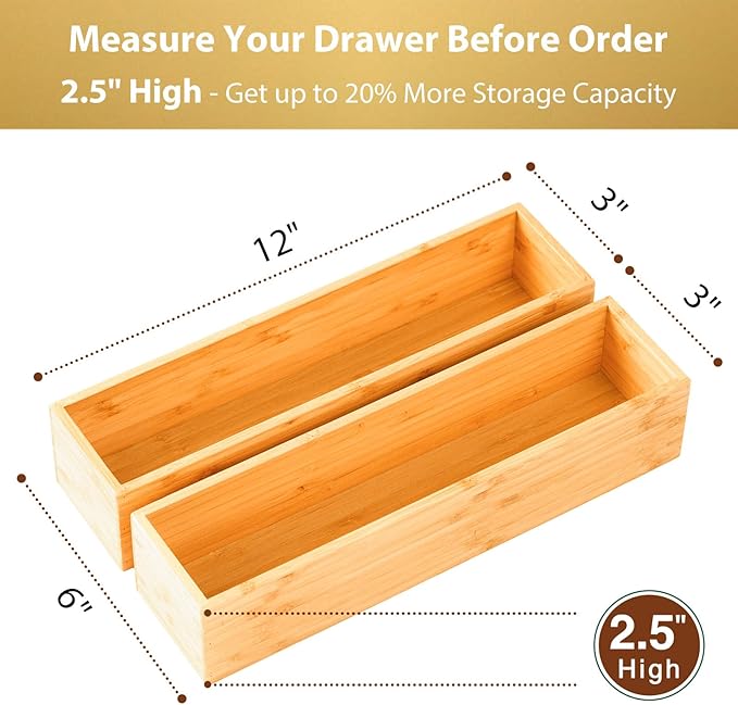 Umilife Bamboo Kitchen Drawer Organizer, Extra High Silverware Tray, Flatware Cutlery Storage Box, Multi-Use Holder in Office, Bathroom, Pantry - 12"x3"x2.5" (Set of 2)-Ruum Studio Home
