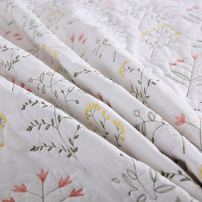 MarCielo 3-Piece 100% Cotton Oversized Bedspread Lightweight Quilt Coverlet Embroidery Farmhouse Bedding Set(TL Floral White,Oversized Queen (100"x106"))-Ruum Studio Home