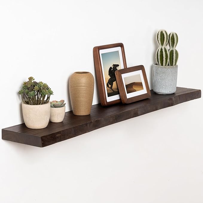 Fun Memories 40" Floating Shelves for Wall, Live Edge Solid Elm Wood Floating Shelf with Invisible Bracket, Wall Mounted Display Wooden Shelves for Bathroom, Kitchen, Bedroom, Walnut Color, Set of 1-Ruum Studio Home