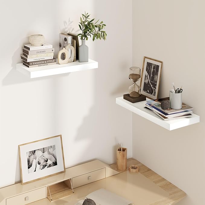 Fun Memories White Floating Shelves 16 Inch Long, 8 Deep Floating Shelf Wall Mounted, 16 x 8 Inch Wooden Bathroom Shelves, Deep Storage Shelves for Living Room, Kitchen, Set of 2-Ruum Studio Home